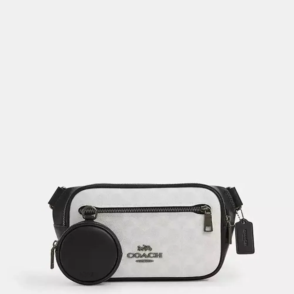 NWT Coach Elias Signature Canvas Belt Bag CZ400 Gunmetal/Chalk/Black